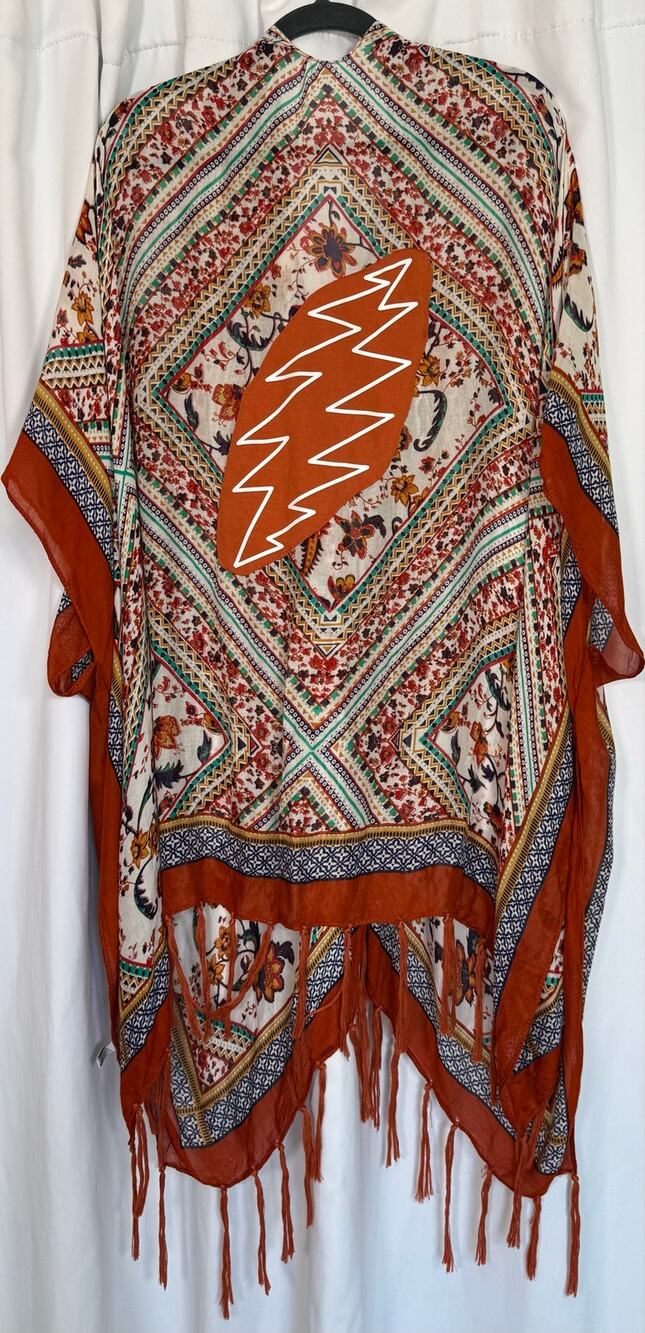 Grateful Dead Custom Kimono One Size Rust Orange Fringe Lightning Bolt